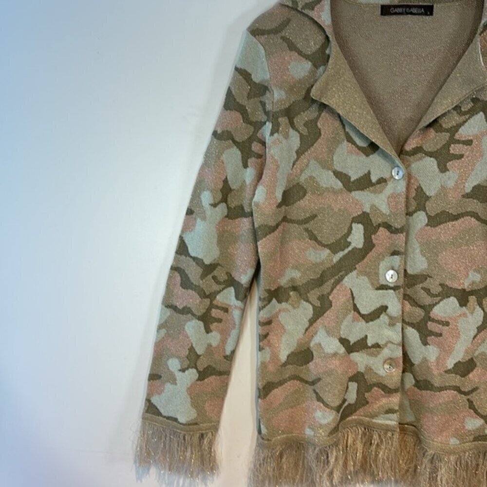 Gabby Isabella Camo Print Metallic Fringed Cardigan Size Small - Picture 4 of 11